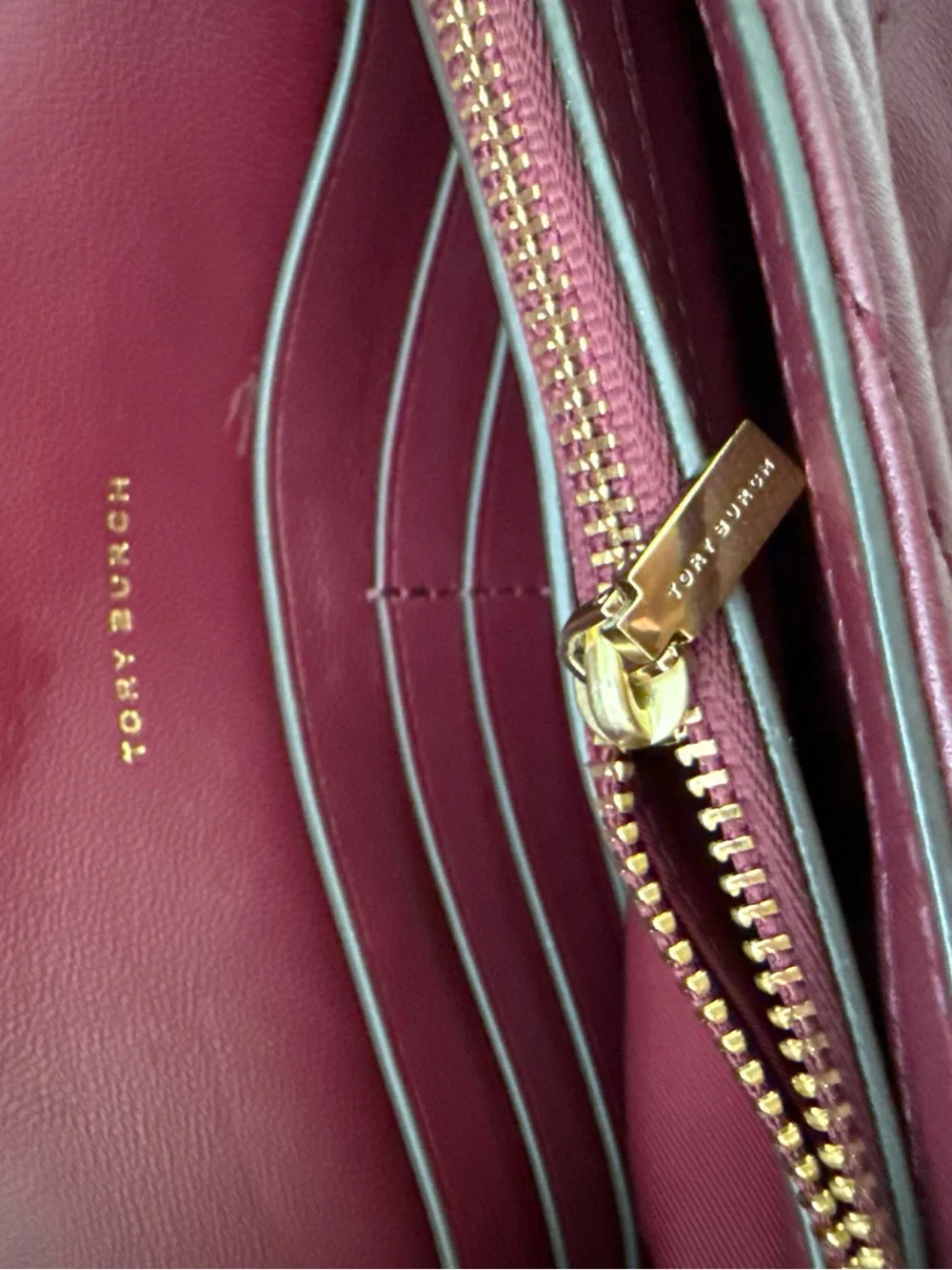 TORY BURCH Kira Chevron Quilted Leather Chain Strap Crossbody Bag in Burgundy